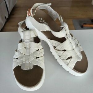 Ryka Blissful strappy sandals, size 8.5 Whitecap beige stretch fabric